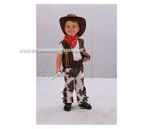 Disfraz de Vaquero marrón y blanco Económico talla de 10 a 12 años. Incluye chaleco, zahones, pañuelo y sombrero. Pistola NO incluida, podrás verla en la sección de Complementos.
