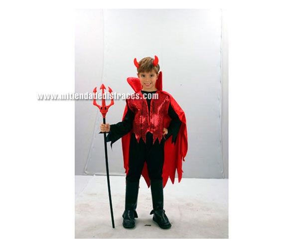 Disfraz de Demonio Rojo Económico talla de 10 a 12 años. Incluye cuernos, pantalón, chaleco con capa y cuello. Tridente NO incluido, podrás verlo en la sección de Complementos.