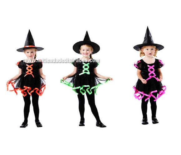 Disfraz de Bruja o Brujita colores económico talla de 3 a 4 años. Incluye sombrero y vestido. Colores surtidos.