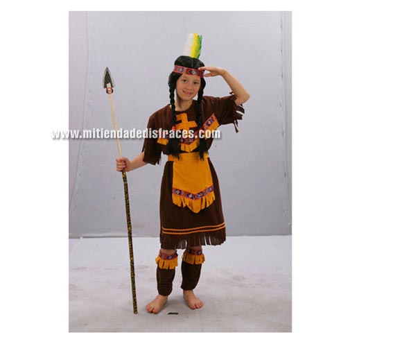 Disfraz de India Marrón Económico talla de 2 a 4 años. Incluye tocado, vestido con cinturón y cubrebotas. Lanza NO incluida, podrás verla en la sección de Complementos. 
