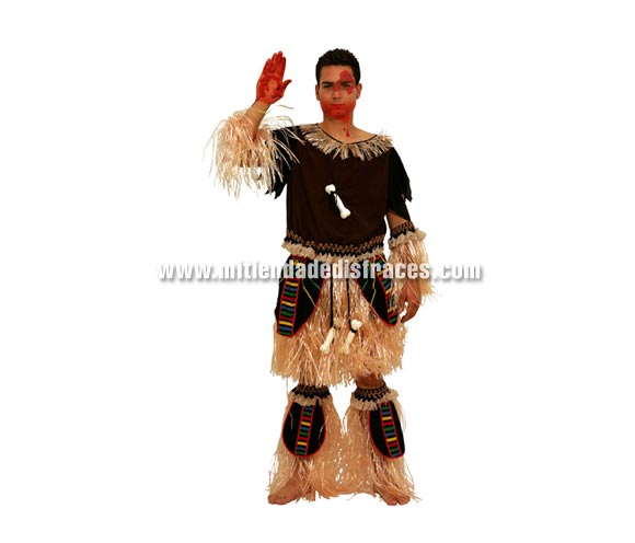 Disfraz de Indio con flecos adulto. Talla única 50/54. Incluye falda, camisa, muñequeras y espinilleras. Disfraz de hombre de la Tribu Africana.