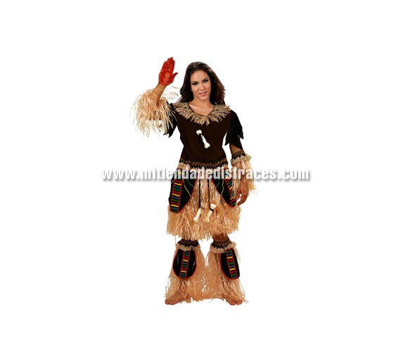 Disfraz de India con flecos adulta. Talla única 38/42. Incluye falda, camisa, muñequeras y espinilleras. Disfraz de mujer de la Tribu Africana.