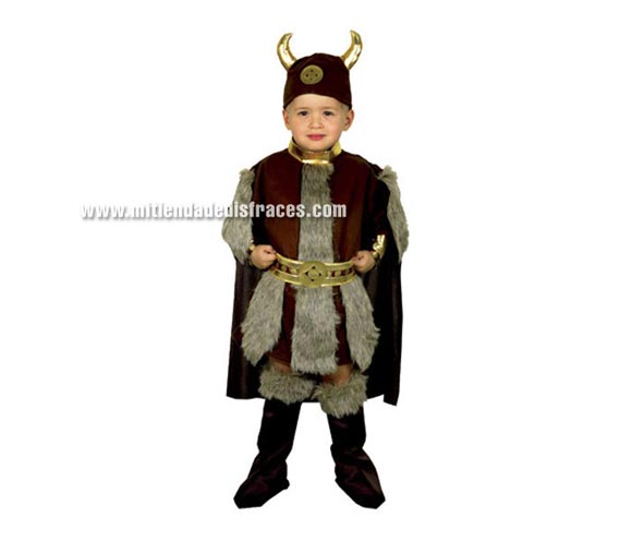 Disfraz de Vikingo económico talla de 4 a 6 años. Incluye traje con capa, cubrebotas, cinturón y casco de tela.