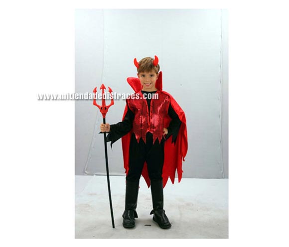 Disfraz de Demonio Rojo Económico talla de 4 a 6 años. Incluye cuernos, pantalón, chaleco con capa y cuello. Tridente NO incluido.