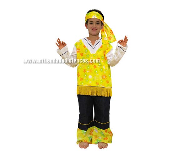 Disfraz de Hippie amarillo infantil. Talla de 4 a 6 años. Incluye pantalón, camisa y cinta de la cabeza.