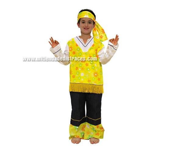 Disfraz de Hippie amarillo niños talla de 10 a 12 años. Incluye pantalón, camisa y cinta del pelo.