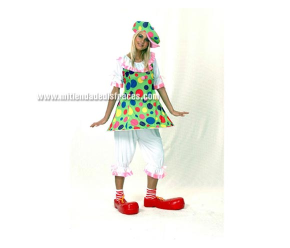 Disfraz de Payasa Aro adulta económico. Talla única 40/44. Incluye sombrero, camisa con aro y pantalón. Zapatones y calcetines NO incluidos, podrás verlos en la sección de Complementos.