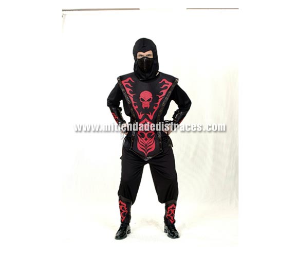 Disfraz de Ninja Calavera rojo adulto. Talla única 52/54. Incluye capucha, máscara, camisa, armadura, pantalón, cinturón, muñequeras y espinilleras.