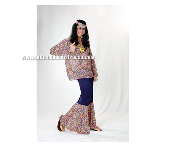 Disfraz de Hippie adulto económico. Talla única 52/54. Incluye cinta cabeza, camiseta, pantalón y colgante con símbolo de la Paz.