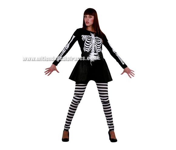 Disfraz de Skeleton Lady Adulta Económico. Talla única 40/44. Incluye camiseta, pantalón y falda. Disfraz de Esqueleto para mujer.