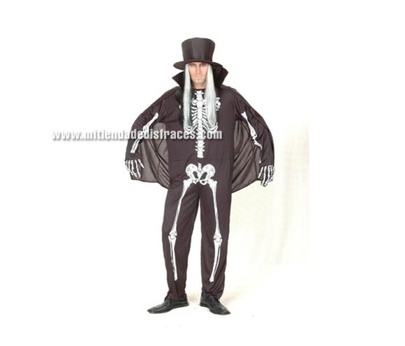 Disfraz de Skeletón Adulto Económico. Talla única 52/54. Incluye sombrero con pelo, mono y capa.