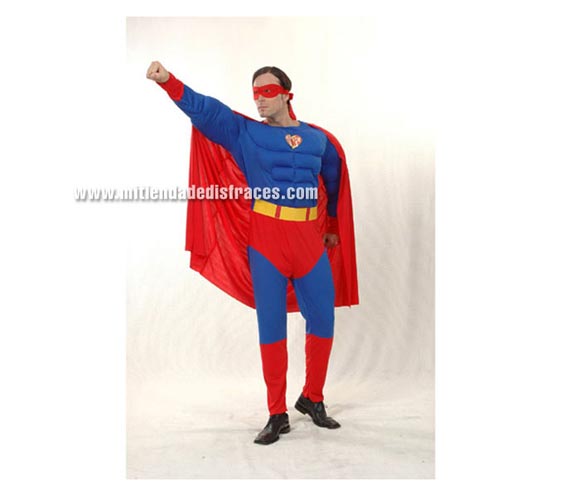Disfraz de Héroe Musculóso adulto. Incluye mono con relleno imitando músculos, cinturón, antifaz y capa. Disfraz de Superman para hombre.