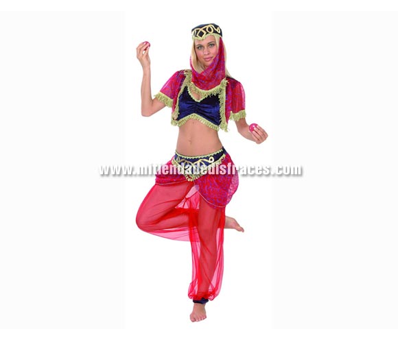 Disfraz de Sultana Adulta Económico. Talla única 40/44. Incluye tocado, top y pantalón. Platillos NO incluidos. Disfraz de mujer del Arén o también Odalisca.