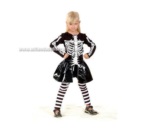 Disfraz de Niña Skeleton económico talla de 7 a 9 años. Incluye camiseta, pantalones y falda. Disfraz de Esqueleto para niñas.