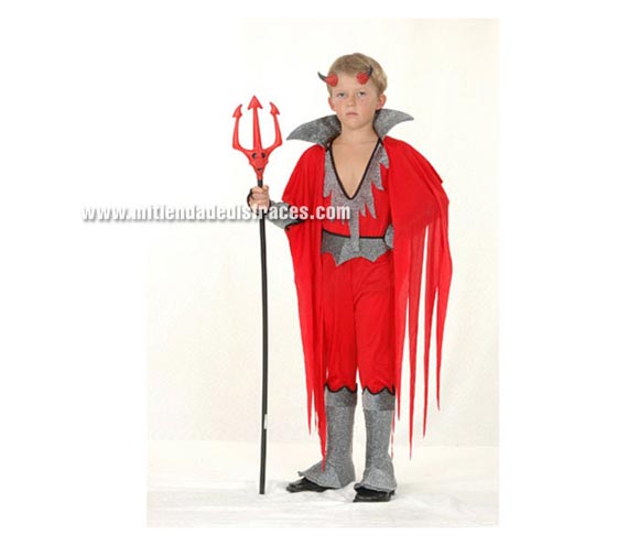 Disfraz de Diablo o Demonio Económico talla de 10 a 12 años. Incluye mono con cubrebotas, capa con cuello, cuernos y brazalete. Tridente NO incluido, podrás verlo en la sección de Complementos.
