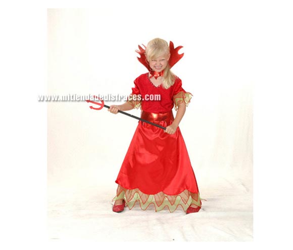 Disfraz de Diablesa Económico talla de 7 a 9 años. Incluye vestido, cinturón y cuello. Tridente NO incluido, podrás verlo en la sección Complementos para Halloween.