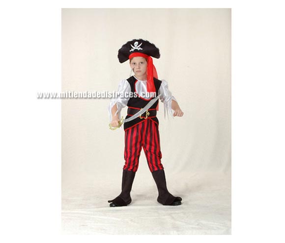 Disfraz de Pirata niño económico talla de 10 a 12 años. Incluye camisa, cinturón, sombrero y pantalón con cubrebotas. Espada NO incluido, podrás verla en la sección de Complementos.