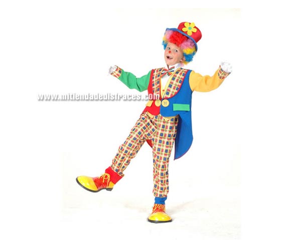 Disfraz de Payaso abrigo Económico talla de 10 a 12 años. Incluye sombrero, chaqueta, pechera con lazo y pantalón. Peluca, zapatones y guantes NO incluidos, podrás verlos en las secciones de Complementos y de Pelucas.