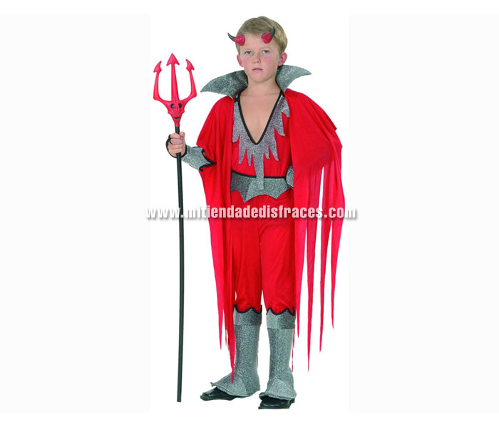 Disfraz de Diablo o Demonio económico talla de 7 a 9 años. Incluye mono con cubrebotas, capa con cuello, cuernos y brazalete. Tridente NO incluido, podrás verlo en la sección de Complementos.