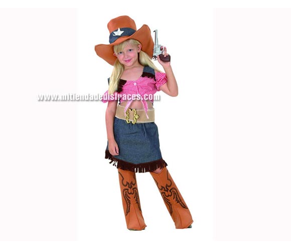 Disfraz de Cowgirl o Vaquera talla de 7 a 9 años. Incluye camisa, falda, sombrero, cinturón y cubrebotas.