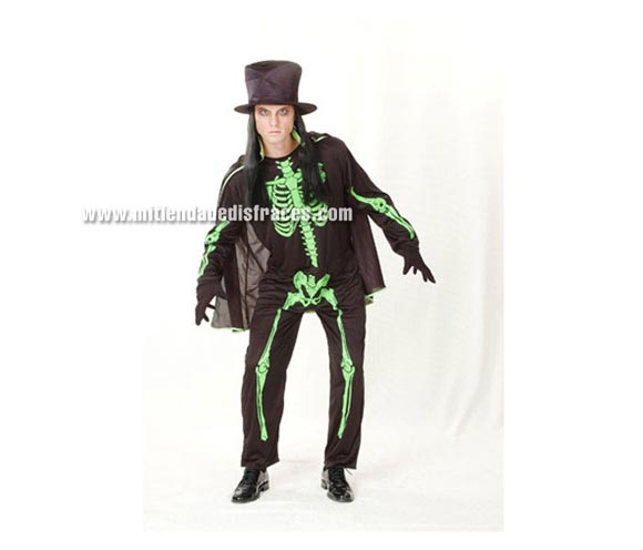 Disfraz de Skeletón Verde Adulto Económico. Talla única 52/54. Incluye sombrero, mono y capa.