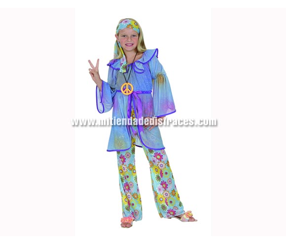 Disfraz de Hippie niña talla de 5 a 6 años. Incluye camisa, cinta del pelo y pantalón. Colgante No incluido, podrás verlo en la sección de Complementos.
