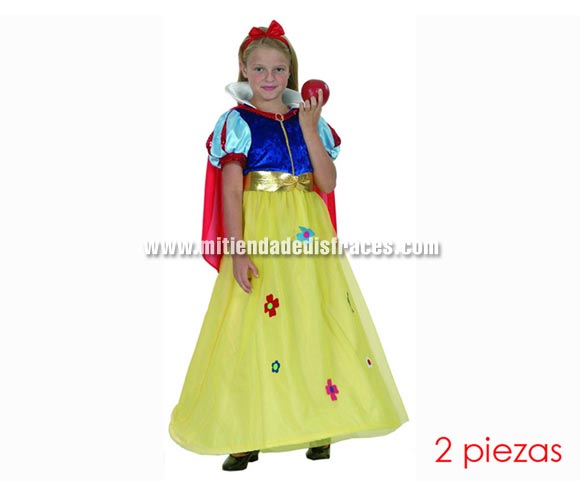 Disfraz de Blancanieves infantil. Talla de 7 a 9 años. Incluye vestido, tocado, capa con cuello y cinturón.