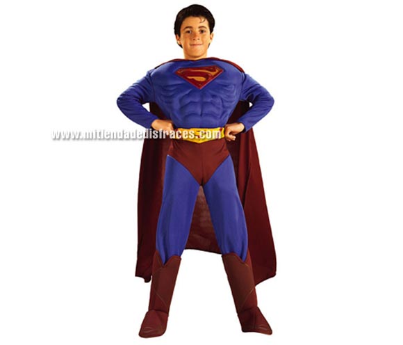 Disfraz de Superman musculoso. Disponible en varias tallas. Incluye traje completo con pecho musculoso, cubrebotas, capa y cinturón. Disfraz con licencia ideal como regalo.