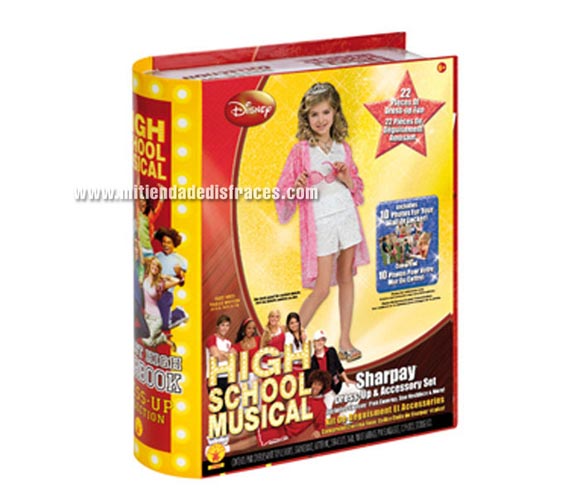 Yearbook HSM 2 Sharpay. Talla de 7 a 8 años. Incluye blusón playero, top blanco, pantalones cortos blancos, gargantilla, micrófono, brazaletes, tiara, pendientes, gafas de sol, 8 fotos y caja anuario. Disfraz de High School Musical con licencia ideal como regalo.