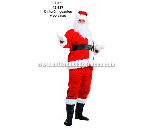 Disfraz de Papa Noel de lujo adulto. Talla única 54/56. Incluye traje completo con cinturón, guantes y polainas. Peluca y Barba NO incluidas, podrás verlas en la sección Pelucas, Barbas y Bigotes de para Navidad.