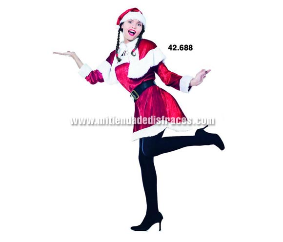 Disfraz de Mama Noel adulta de terciopelo. Talla única 42/44. Incluye vestido, sobrecapa y gorro, todo de terciopelo rojo.