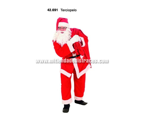 Disfraz de Papa Noel adulto Terciopelo. Talla única 52/56. Incluye traje de Papa Noel sin guantes, saco ni peluca y barba, todo ésto lo podrás ver en las secciones de Complementos para Navidad, y Pelucas, Barbas y Bigotes de Navidad.
