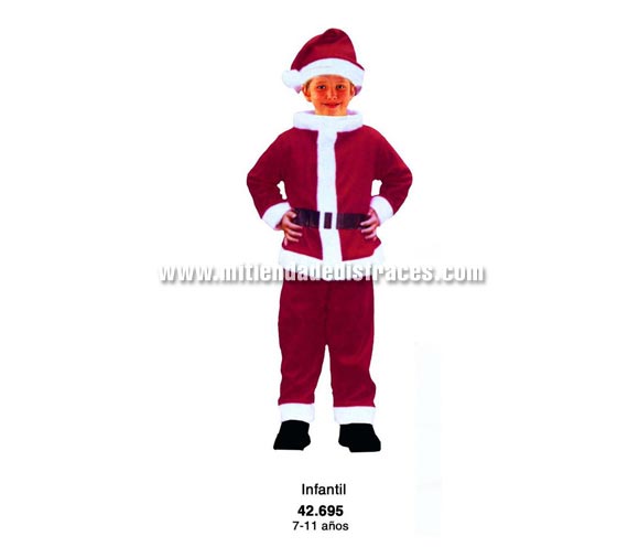 Disfraz de Papa Noel infantil super barato. Talla de 7 a 9 años. Incluye pantalón, casaca, cinturón, barba y gorro.