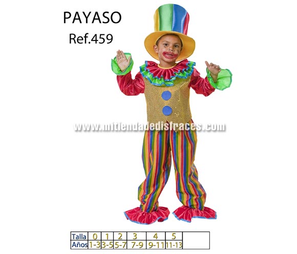 Disfraz de Payaso infantil. Disponible en varias tallas. Incluye disfraz completo con sombrero. ATENCIÓN para grupos: consultar posibilidad de hacer en tallas de adultos y precio dependiendo de la cantidad de disfraces solicitada.