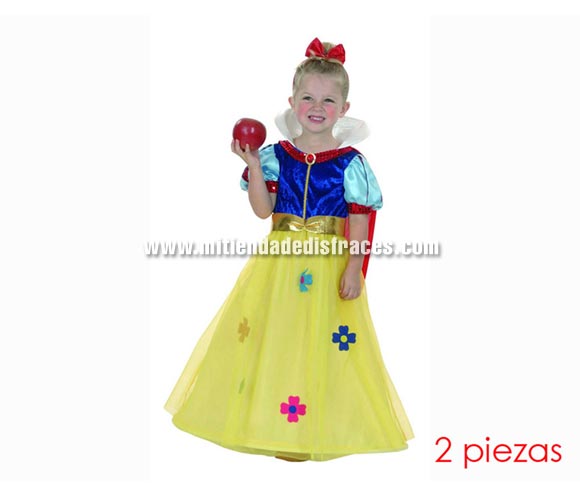 Disfraz de Blancanieves o Princesa del Bosque niña talla de 1 a 2 años. Incluye vestido, tocado, capa con cuello y cinturón.