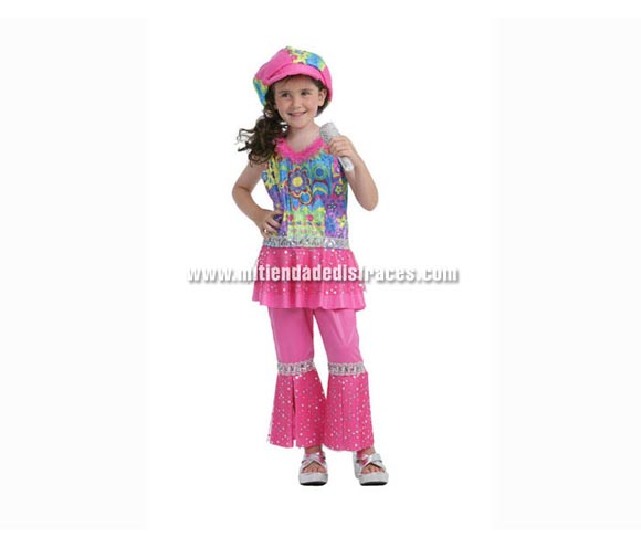 Disfraz de Gogó rosa niña talla de 4 a 6 años. Incluye camisa, pantalón, gorra y micrófono. Disfraz de Hippie para niña.