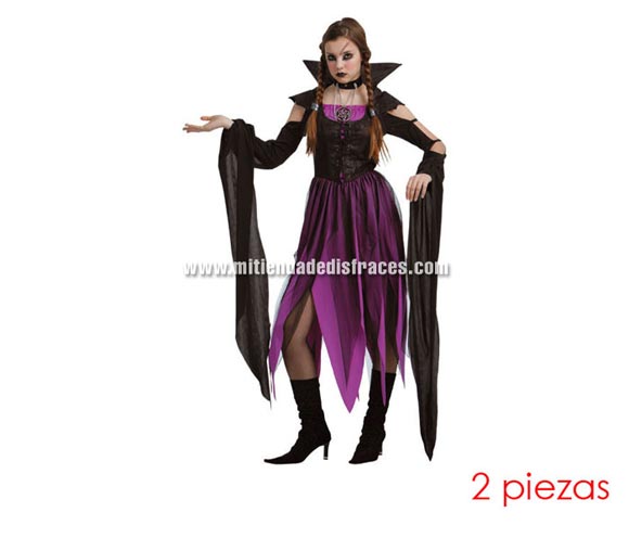 Disfraz de Drácula Adulta económico. Talla única 40/44. Incluye cuello y vestido. Disfraz de Vampiresa para mujer.