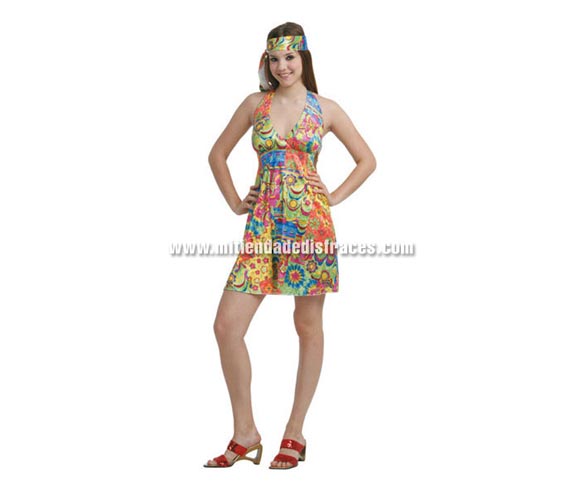 Disfraz de Hippie sexy mujer adulta. Talla Standar M-L = 38/42. Incluye vestido y tocado.