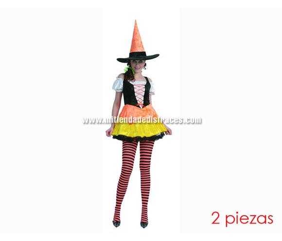 Disfraz de Bruja Alegre Adulta económico. Talla única 40/44. Incluye sombrero y vestido.