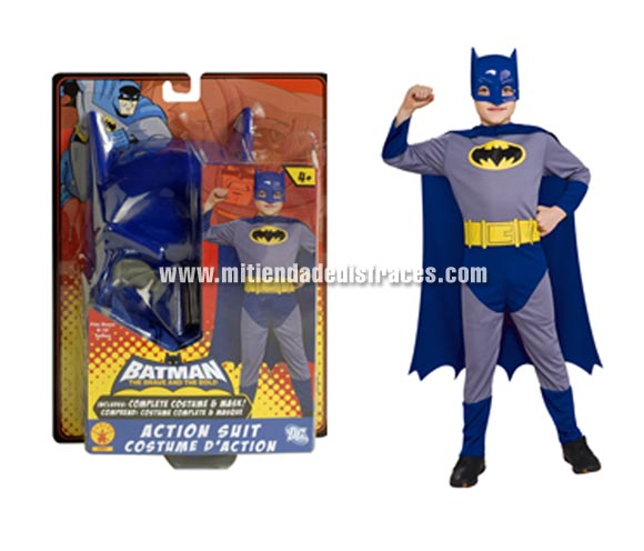 Disfraz de Batman THE BRAVE AND THE BOLD ACTION SUIT. Talla de 5 a 7 años. Incluye disfraz impreso, capa y máscara. Presentación en blister para regalo. Un disfraz con licencia ideal para regalar en Navidad y en cualquier fecha del año.