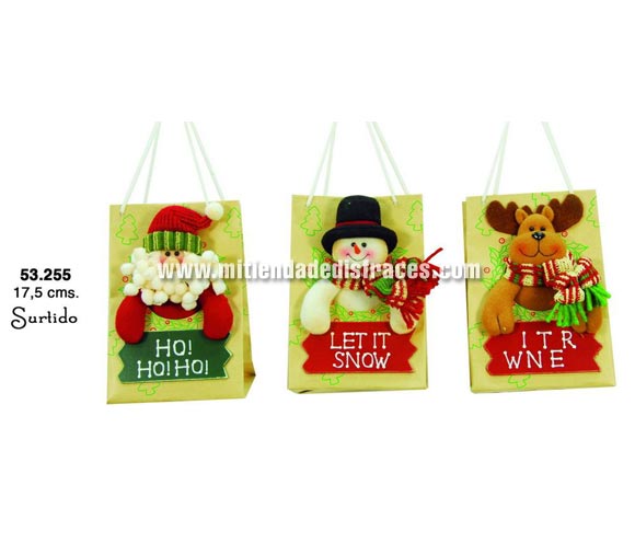 Bolsa figuras Navideñas de 17,5 cms., 3 modelos surtidos. Ideal para hacer un regalito en Navidad.