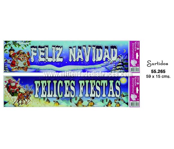 Adhesivas Felicitación navideña de 59x15 cms. 2 modelos surtidos, precio por unidad, se venden por separado.