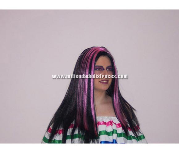 Peluca melena mechón rosa 50 cm. Muy buena calidad. Fabricada en España. Talla universal.