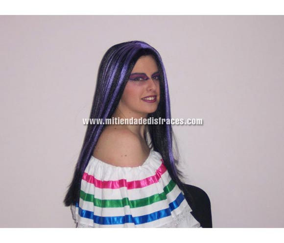 Peluca melena mechón lila 50 cm. Muy buena calidad. Fabricada en España. Talla universal.
