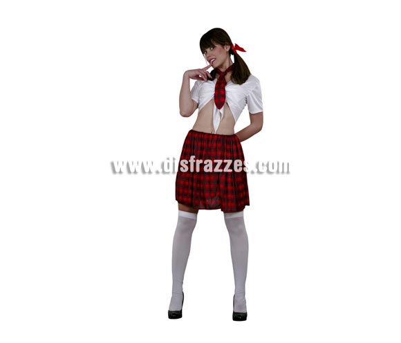 Disfraz barato de Colegiala Sexy para mujer. Talla única 38/42. Incluye camisa, falda y corbata. Calcetas NO incluidas.