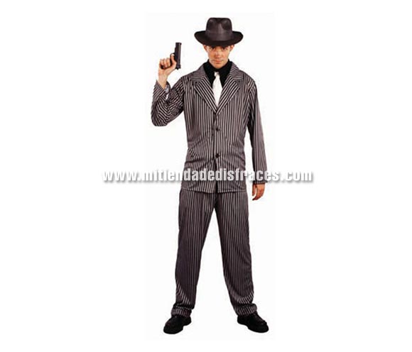 Disfraz de Ganster Adulto Económico. Talla única 52/54. Incluye pantalón, chaqueta, corbata y sombrero. Pistola NO incluida, podrás verla en la sección de Complementos.