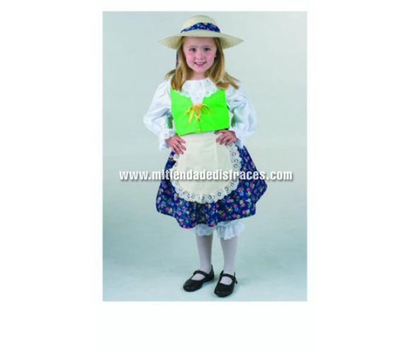 Disfraz de Pastora Flores. Alta calidad. Hecho en España. Disponible en varias tallas. Incluye sombrero, camisa, chaleco, falda, pololos y delantal.