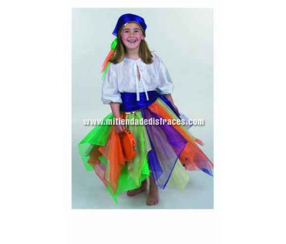 Disfraz de Zíngara Especial talla de 1 a 3 años. Alta calidad. Hecho en España. Incluye pañuelo cabeza, camisa, falda y pañuelo cintura. Pandereta NO incluida.