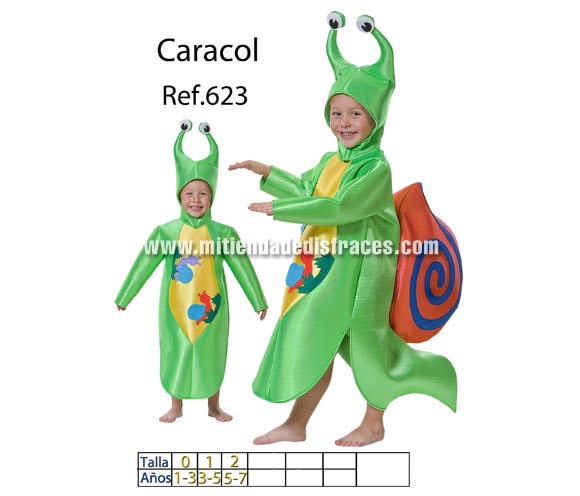 Disfraz de Caracol infantil. Varias tallas. Incluye disfraz completo y capucha. Buena calidad, hecho en España. Un disfraz diferente, original y muy colorido para que tu hijo/a sea el centro de todas las miradas. ATENCIÓN grupos: consultar posibilidad y precio de hacer éste disfraz en más tallas, dependiendo de la cantidad solicitada.