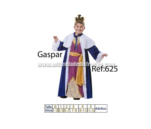 Disfraz de Rey Mago infantil Gaspar infantil. Disponible en varias tallas. Incluye disfraz y corona. Fabricado en España, buena calidad. También se hace en talla de adulto.